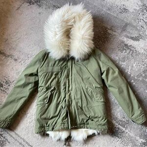 Mr & Mrs Italy Olive Green Kids Puffer Jacket with Cream Faux Fur Hood